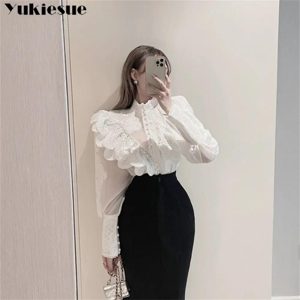 2022 Office shirts & blouses Sweet Ruffles Lace Blouse Women\'s Stand Collar Lantern Sleeve Elegant Vintage blusas Women top