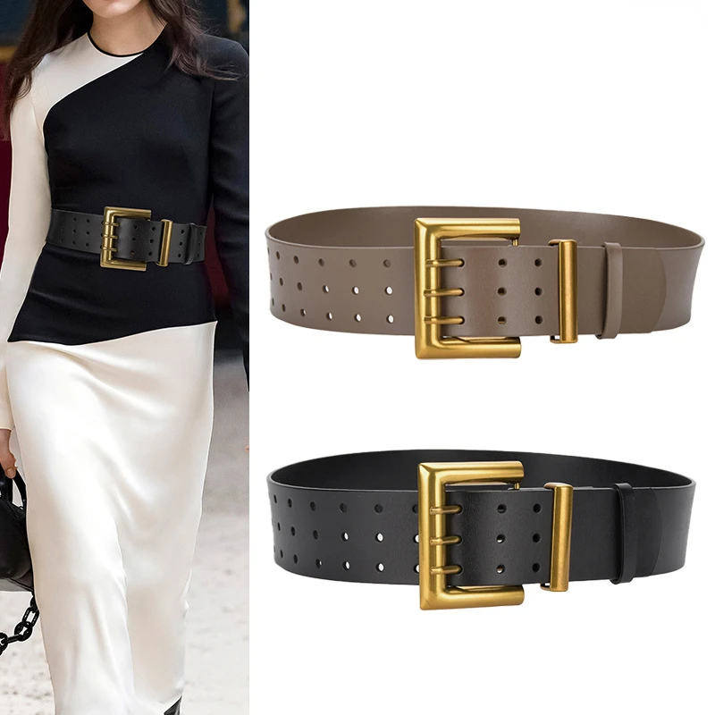 Three Rows of Buckle Belt Extra Wide Coat Handsome Decoration Wide Waist Seal Personality Pin Buckle Fashion Women's Belt