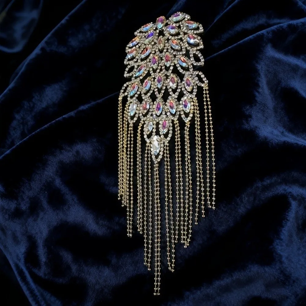 DIY Clothes Decor Peacock Tassel Chain Epaulette Rhinestone Punk Brooch Shoulder Board Shiny Cool Jacket Shoulder Chain Suit