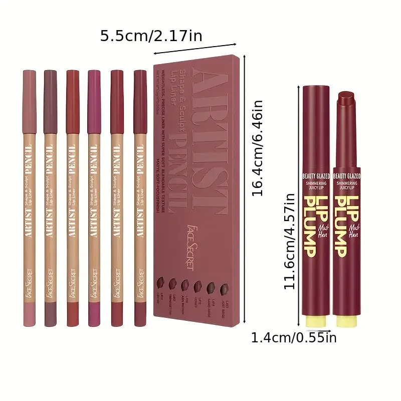 6pcs Dark Brown Lip Liner with 1pc Lip Oil Lipstick Set, Moisturizing Solid Lip Gloss Jelly Lipstick,Makeup Gift Set for Women