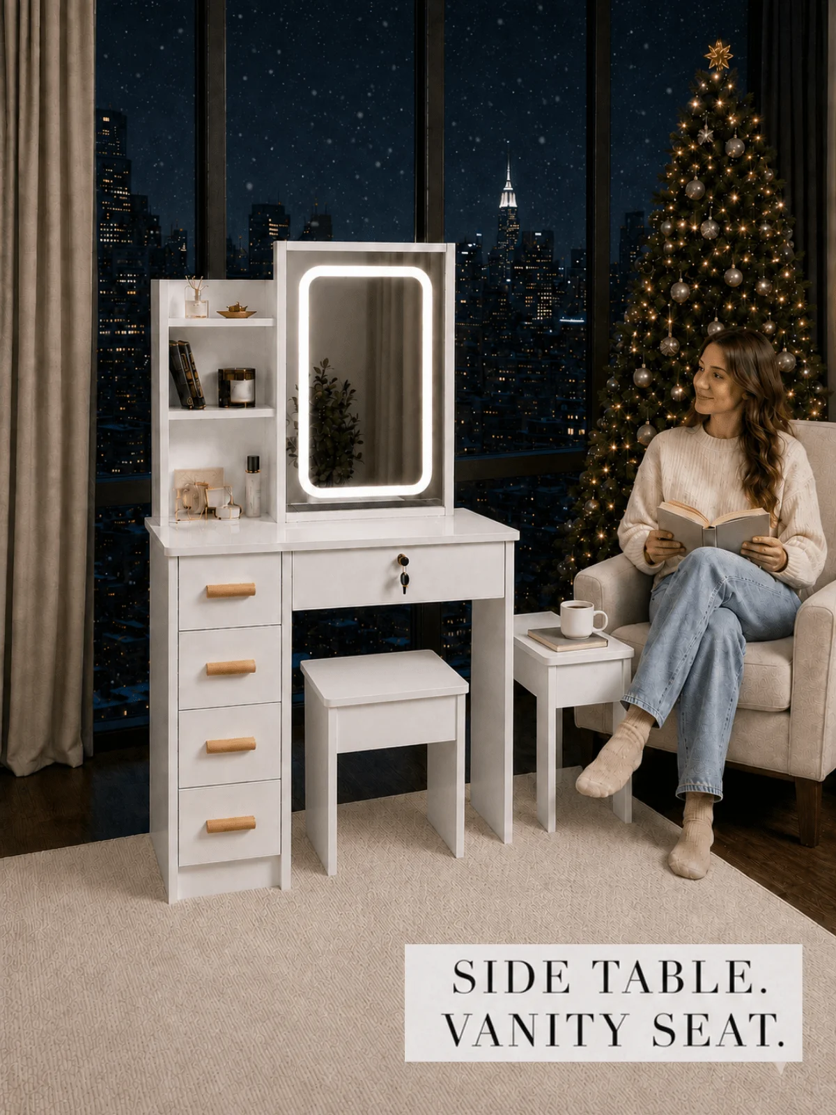 Storage-Focused White Makeup Vanity With Touch-Dimmable Sliding Mirror, Hidden Mirror Cabinet, 4 Drawers Incl. Lockable Drawer,