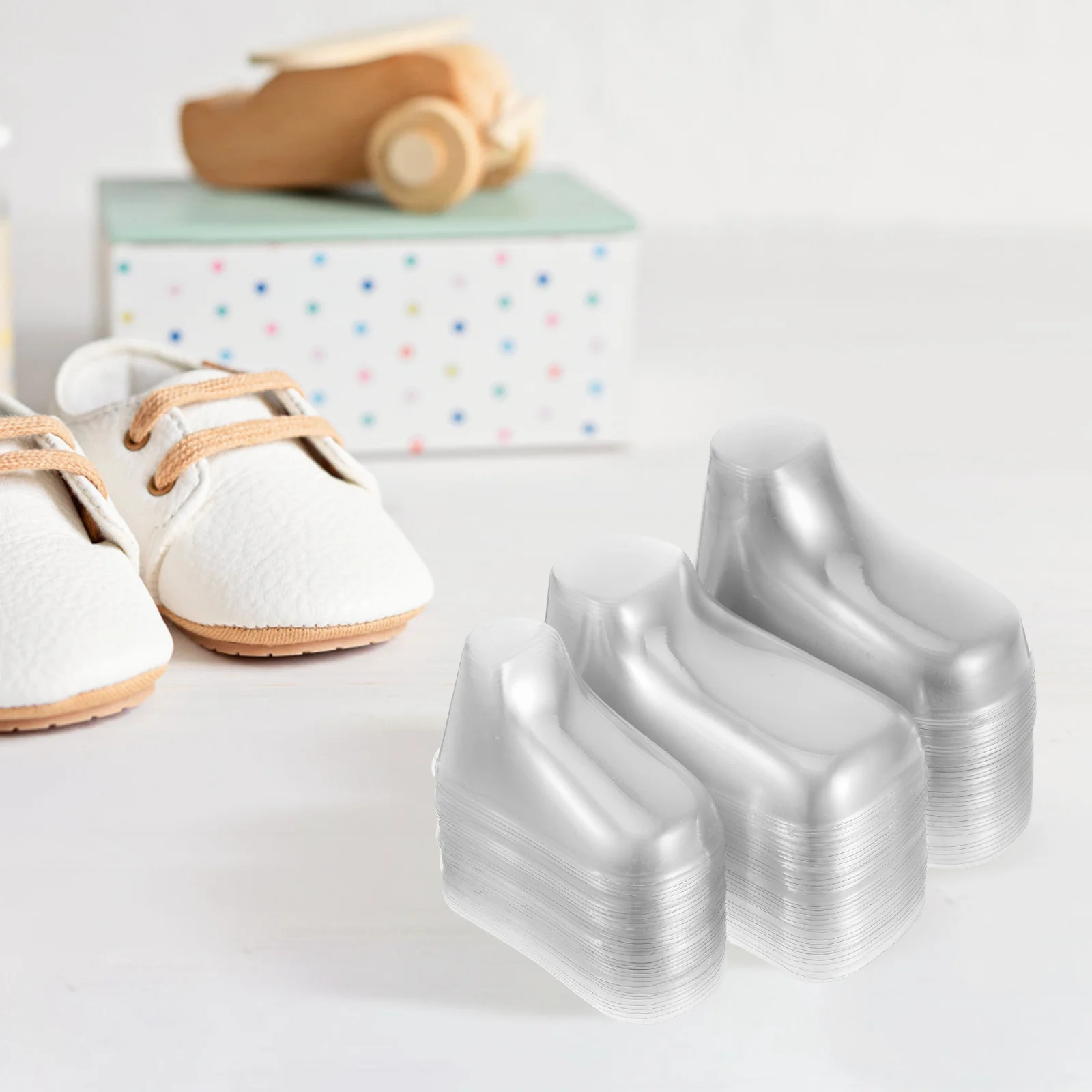 NOLITOY 90pcs Clear Plastic Shoe Display Stands Holders for Booties Socks Models Home Store Showcasing