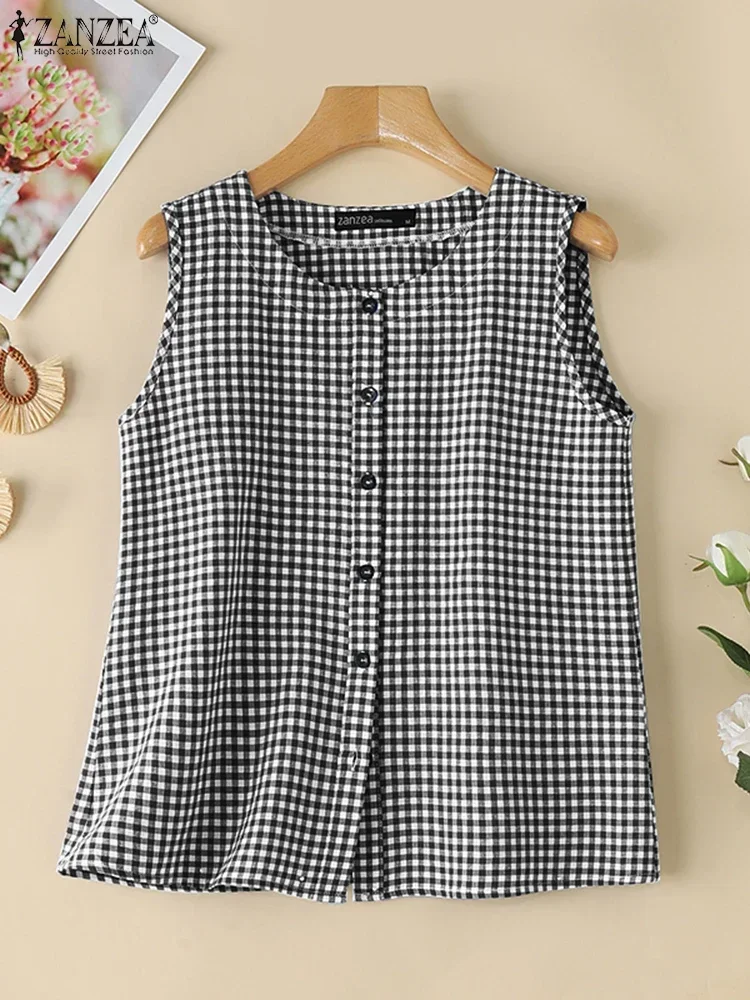 ZANZEA 2025 여름 탱크 탑 여성 격자 무늬 민소매 탱크 조끼 패션 오 넥 포켓 버튼 Camis 한국 블라우스 빈티지 탱크