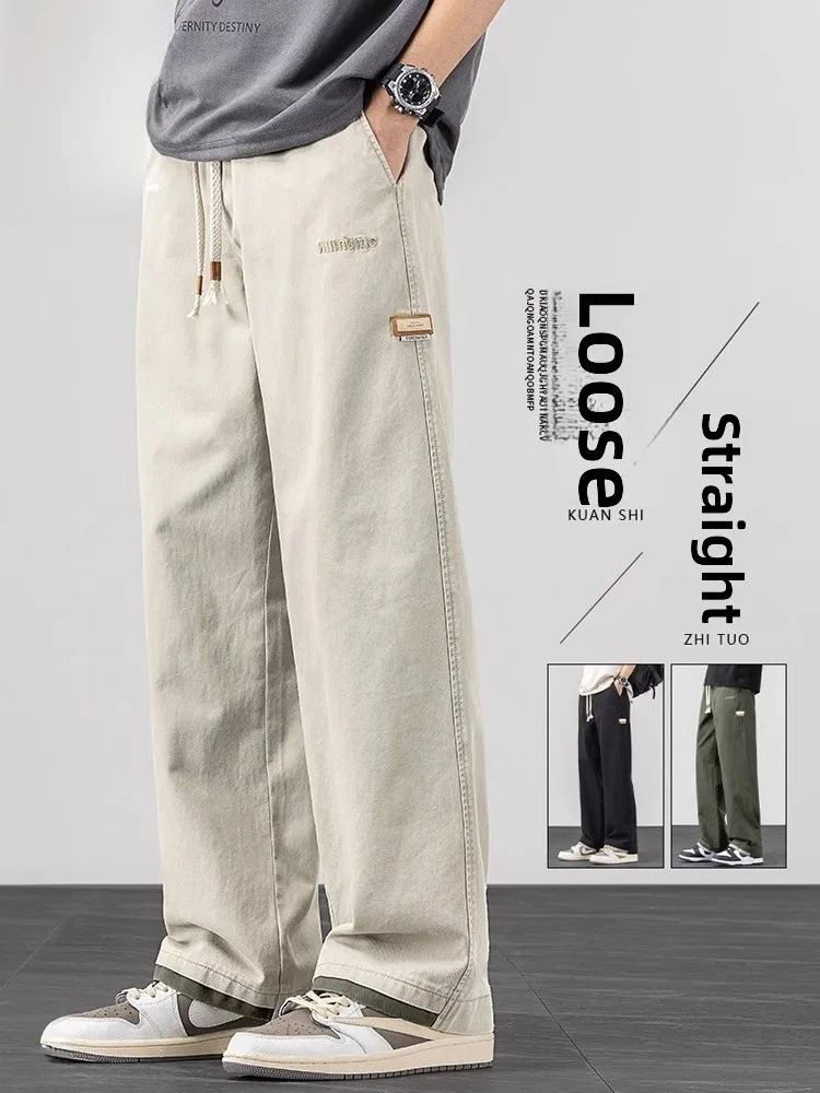 

Мужские повседневные брюки из чистого хлопка, свободные, широкие, прямого кроя, длинные, весна 2026, универсальные, удобные, модные