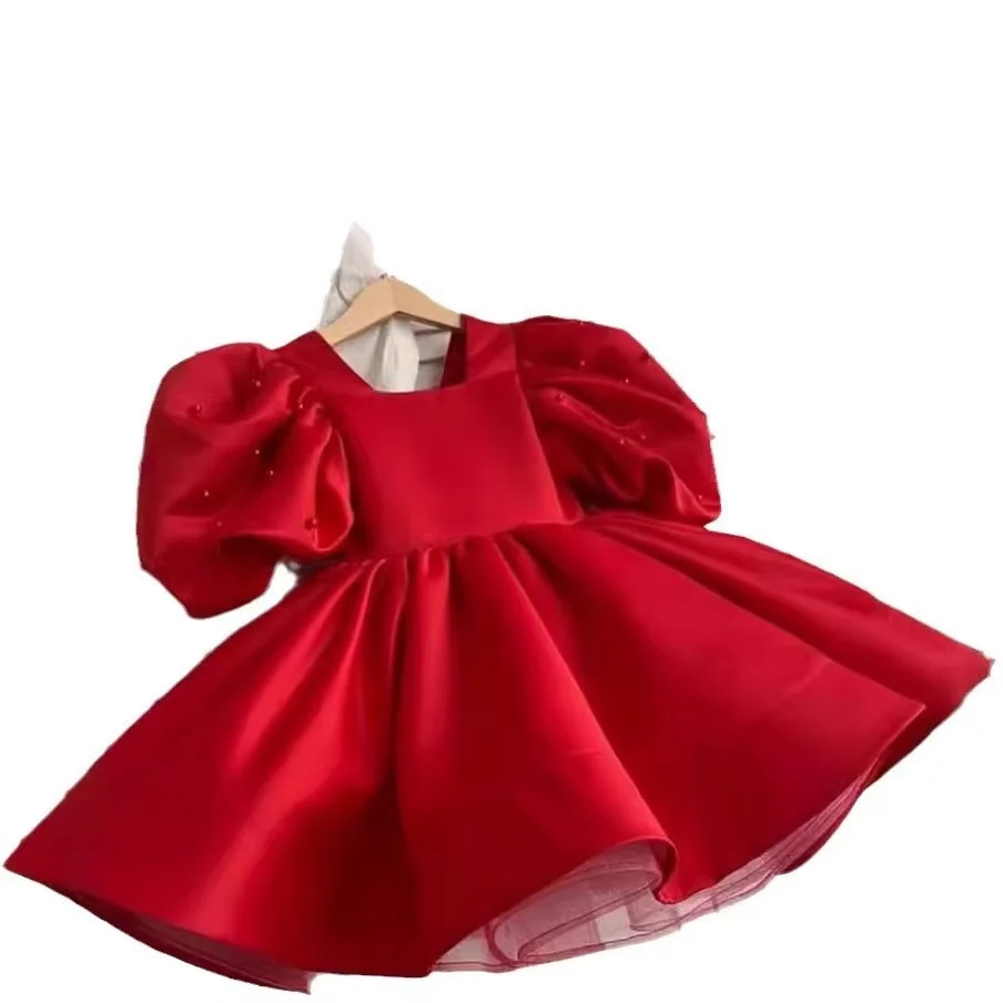 Kids New Flower Girl Satin Dresses Birthday Party Middle and Young Children Modelling Runway Piano Playing Tutu Skirt Wholesale