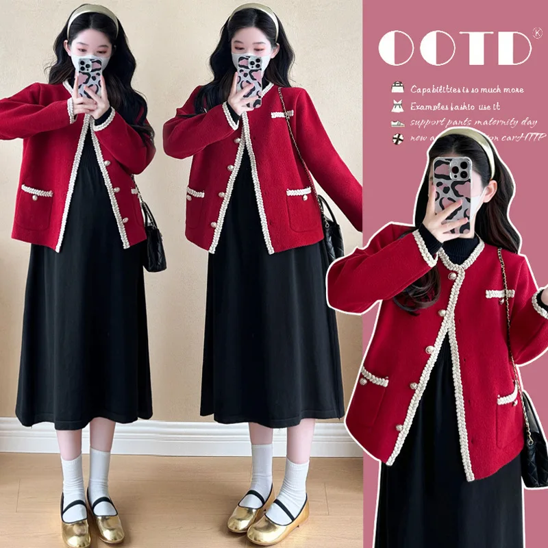 

New Autumn Winter Korean-style Maternity Outfit: New Year Red Tweed Coat With Sweater Underskirt Youthful Set For Elegant Look