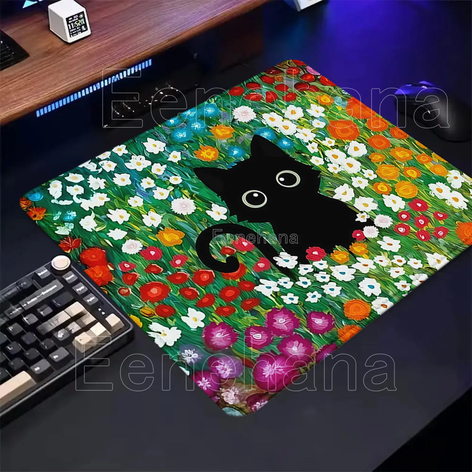 Cartoon Green Flower Cute Black Cats Small Size Mouse Pad Gaming Keyboard Kawaii Mousepad Aesthetic Computer Overlock Desk Mat