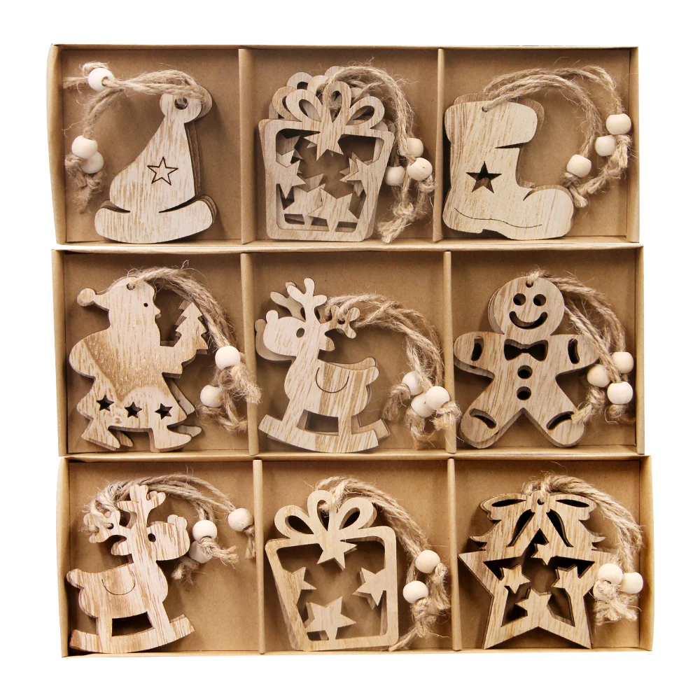 12PCS/box Christmas Wooden Pendant Cute Star/Deer/Tree Ornaments for Xmas Tree Hanging Decorations Kids DIY Painting Gifts