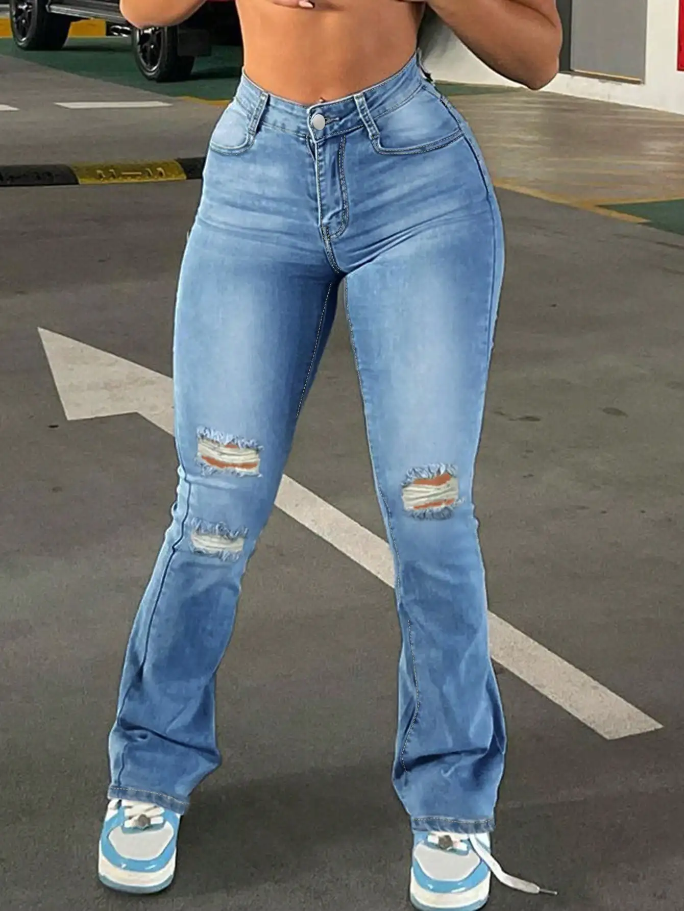 WGXWGX Women's High-Waisted Distressed Flare Jeans Ripped Denim Retro 70s Style Stretch Fabric Trendy Bell-Bottom Pants
