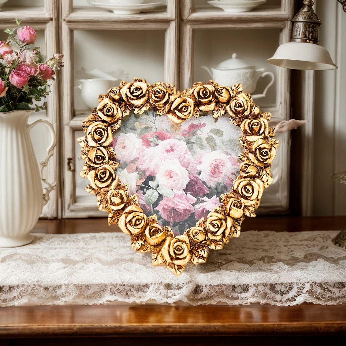 1PC, Resin Multi-Head Rose Heart-Shaped Photo Display Frame