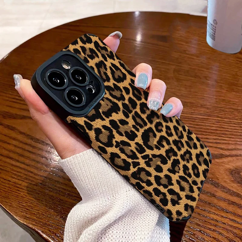 Simple light luxury brown leopard pattern leather texture shockproof protective case for iPhone 16 16ProMax 11 12 14Pro 15plus