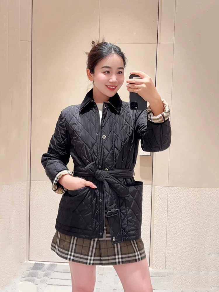 

Autumn Winter British Style Women's Slim Fit Cotton Jacket Velvet Collar Belted Waist Straight Tube Pure Color Zipper Closure