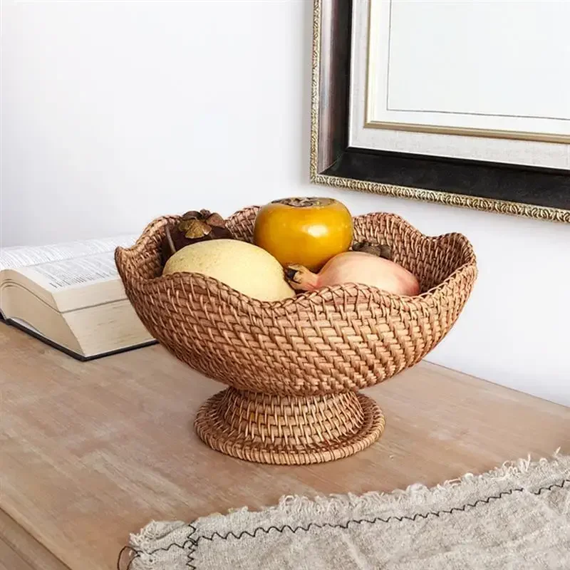 Rattan Fruit Plate Baskets Organizing Woven Small Desk Tray Storage Round Decorative Keys Bowl Entryway Table Organizer