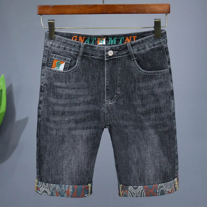 

Fashion Men's Jeans Shorts Summer Thin Embroidered Splicing Elastic Straight Casual Knee-length Jeans Korean Style Clothes