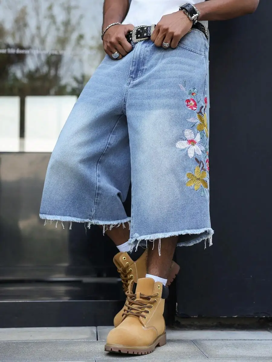 

Mens Casual Loose Denim Shorts With Floral Embroidery Frayed Hem Street Style