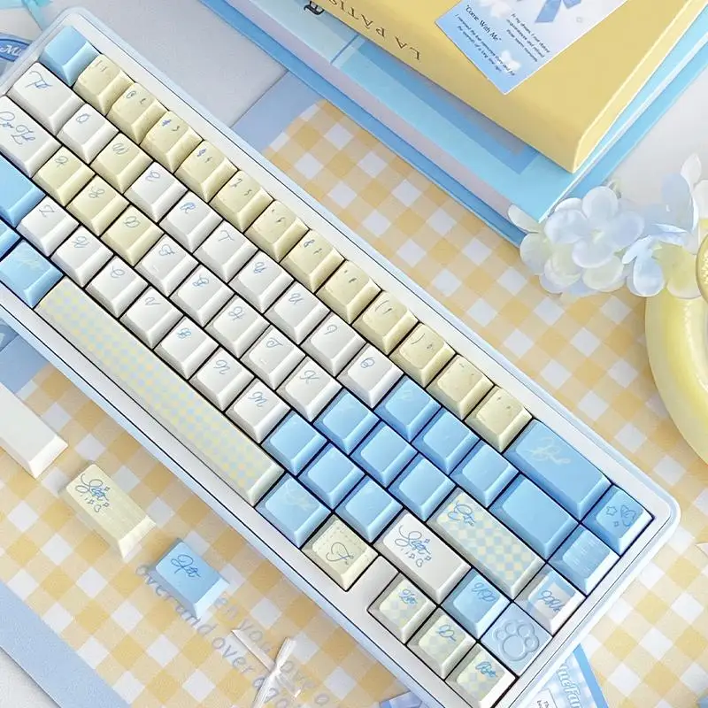 Xiya feijão pbt altura original cinco lados sublimação quente keycap leite azul leite amarelo pequeno conjunto completo