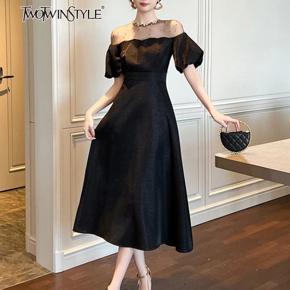 

TWOTWINSTYLE Solid Slimming Fashion Spliced Bead Dresses for Women Round Neck Short Sleeves Patchwork Mesh Dress Female Clothing