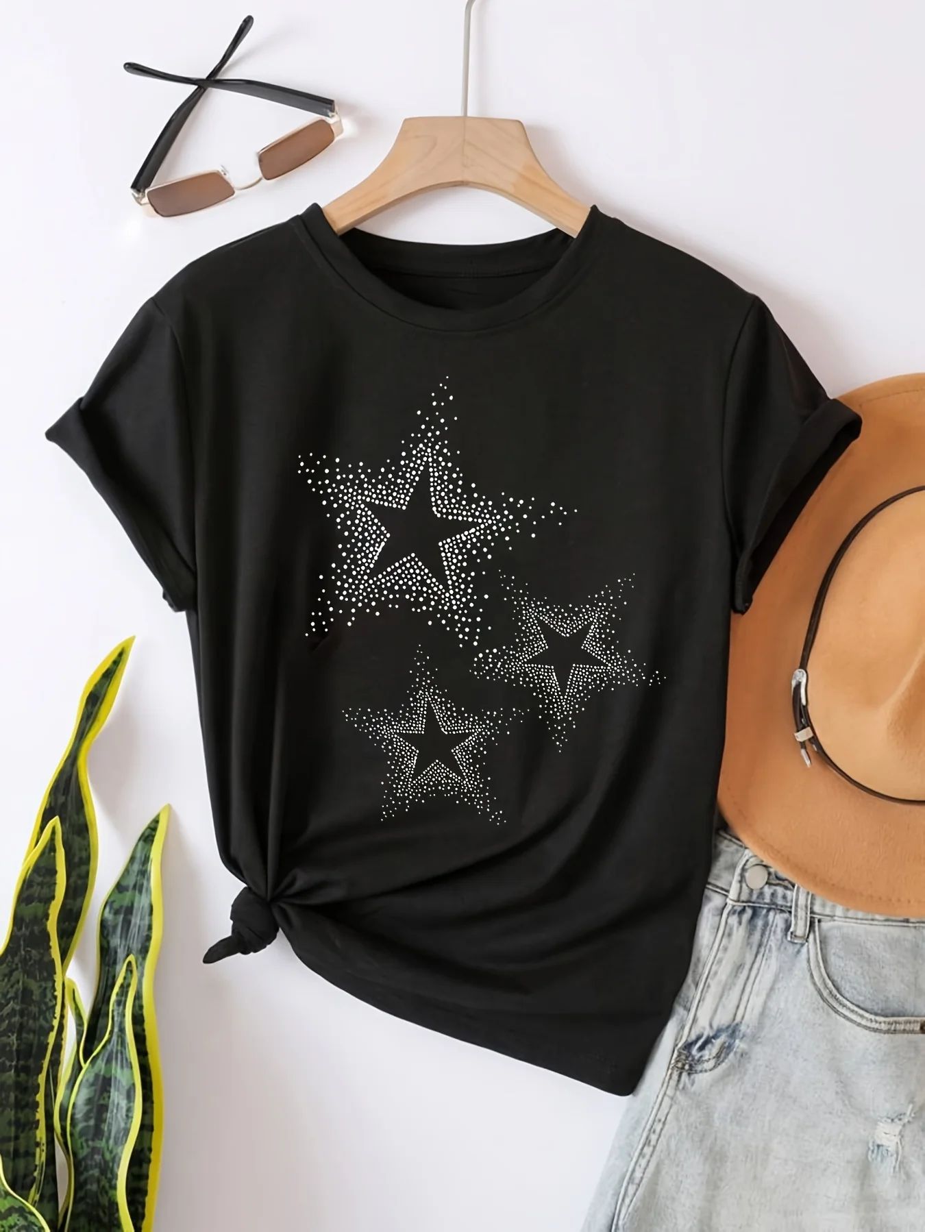 Women's Black Three-Star Pattern Casual Everyday Party Tops Harajuku Sleeve Casual Clothing Street Tops Tees Aesthetic Clothes