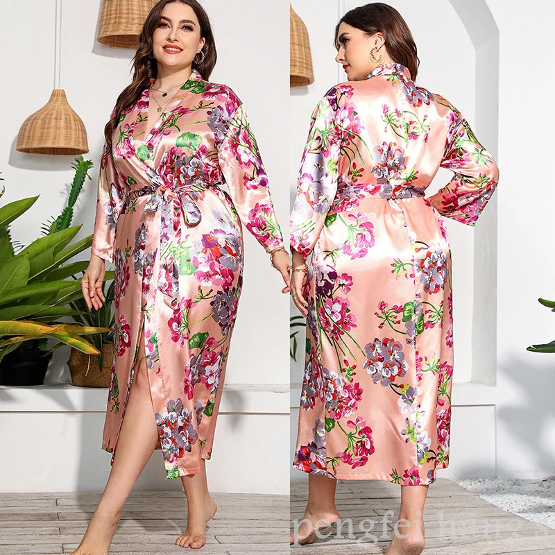 حجم كبير 3XL 4XL 5XL كيمونو Bathrobe ثوب فضفاض المنزل خلع الملابس المرأة ملابس خاصة مثير زهرة طباعة ثوب النوم رداء طويل الأكمام