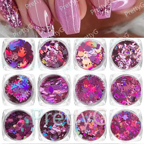 PrettyG 1 Set 12Color Box Holographic Light Pink Glitter Sequins Shape Rose Red Nail Glitter For Resin DIY Nail Art Decoration