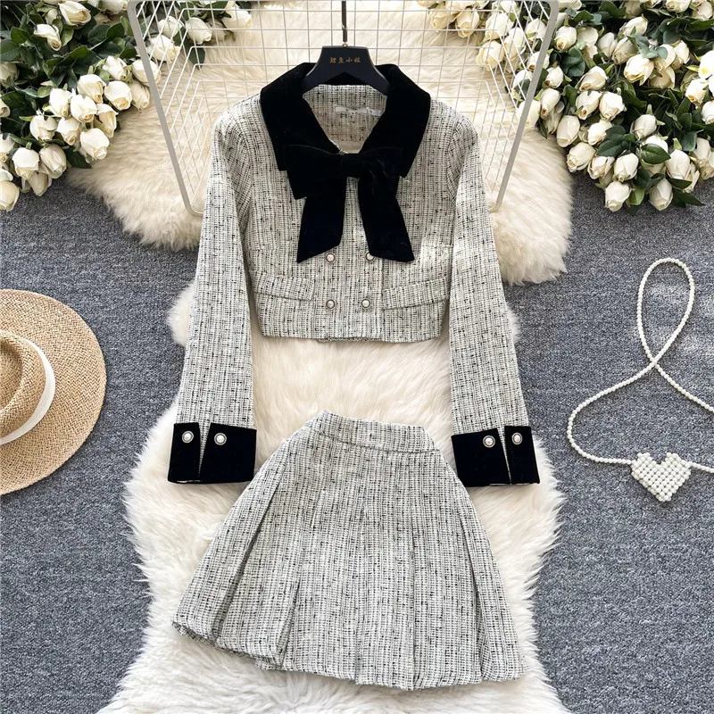 

Знаменитости, новая осенняя мода, комплекты из 2 предметов, черный, серый, с длинным рукавом и бантом, короткая куртка и плиссированная мини-юбка, элегантные женские костюмы из 2 предметов