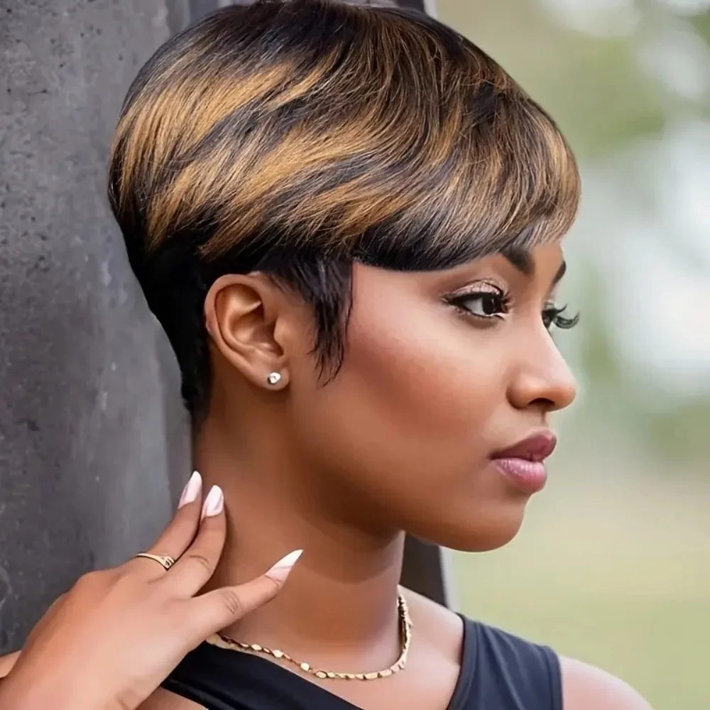 شعر مستعار قصير بقص عابث للنساء، تصميم بطبقات من الشعر البشري البرازيلي مع غرة، شعر مستعار آلي كامل #5