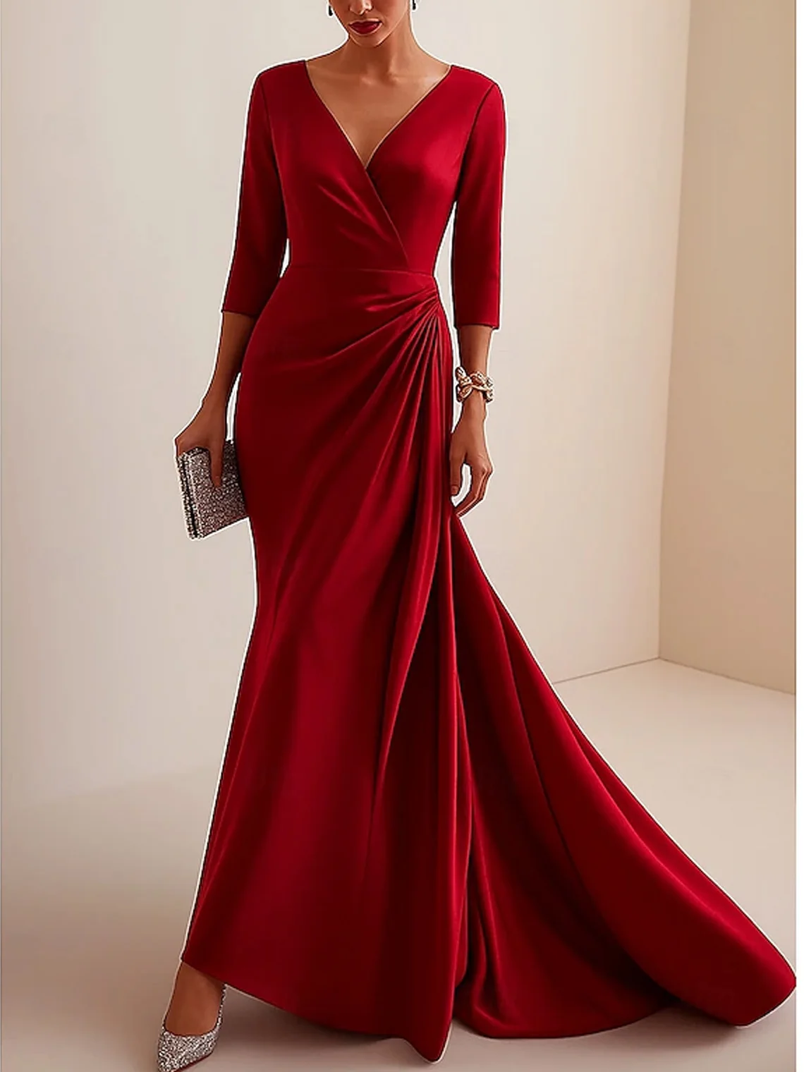 

Elegant ClassicMermaid Stretch Fabric Prom Dress V Neck Floor Length 3/4 Sleeve Ruffles Formal Evening Gown 2025 free customized