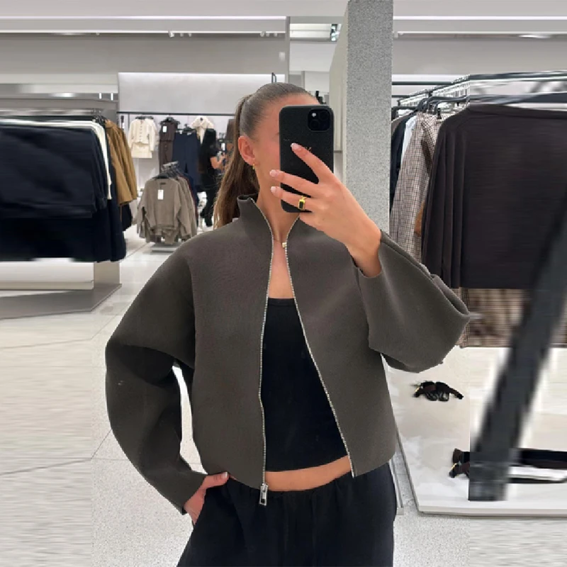 الحد الأدنى سترة فضفاضة سستة محبوك معاطف قصيرة المرأة ملابس خارجية الشارع الخريف موضة عادية تنوعا الأساسية سترة الإناث #2