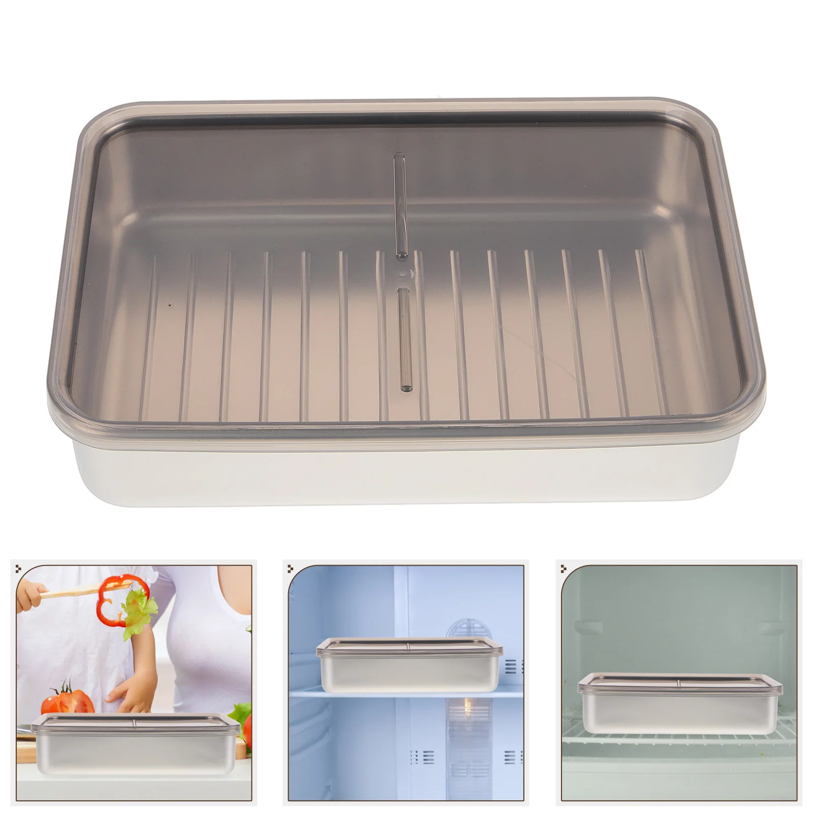 

Stainless Steel Bacon Container Airtight Food Storage Box Transparent Lid For Fridge Meat Vegetable Preservation Stackable