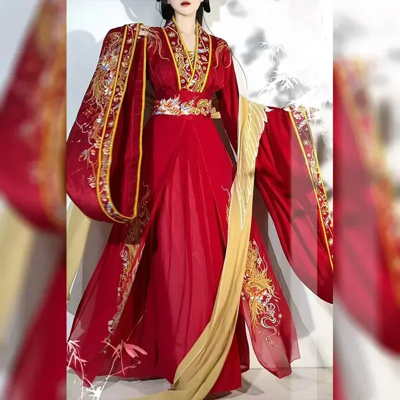 

Chinese Style Traditional Dress Hanfu Dress Set Women Weijin Dynasty Flower Embroidery Red Wedding Dress Vintage Elegant Robe
