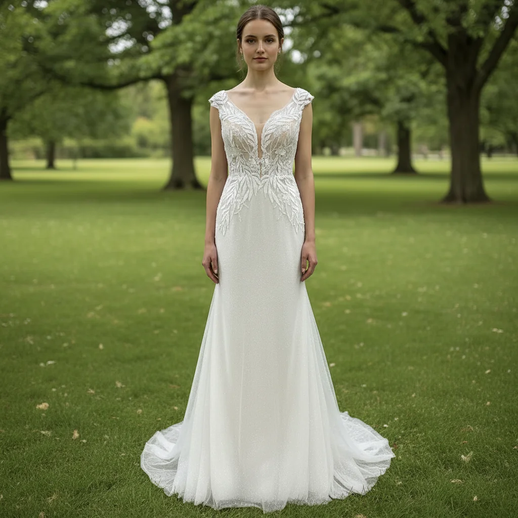 Rosymae Mermaid Skirt Vneck Champagne Wedding Dress with Low Open Back for Bride