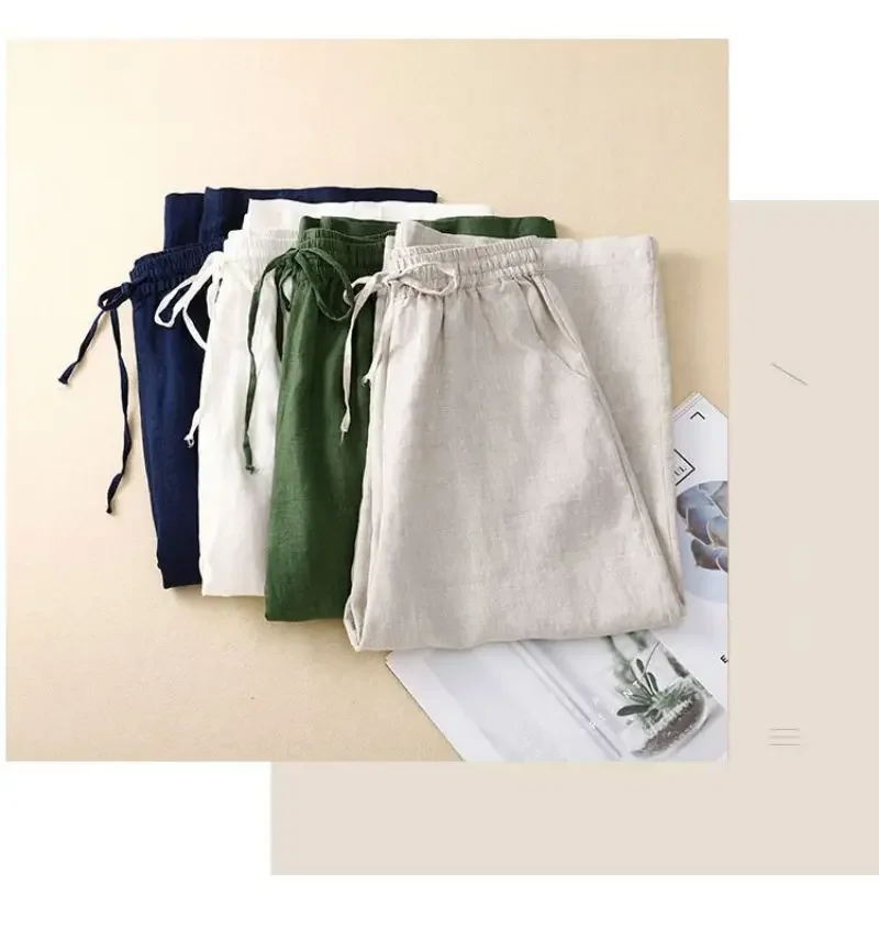 Cotton LinenCasual Solid Lace Up Elastic High Waist Loose Wide Leg Women's Pants Ankle-Length Pants For Women Clothing Fashion