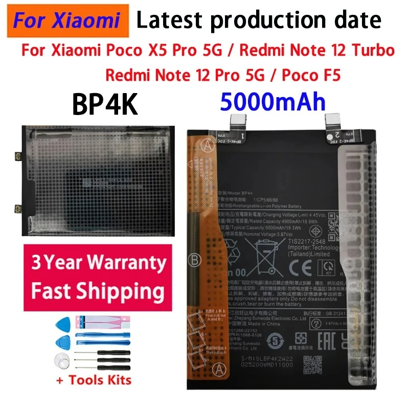 BP4K Battery 5000mAh For Xiaomi Poco X5 Pro 5G /REDMI Note 12 Pro/Poco F5 /Note 12 Turbo High Quality Battery Batteries+Tools