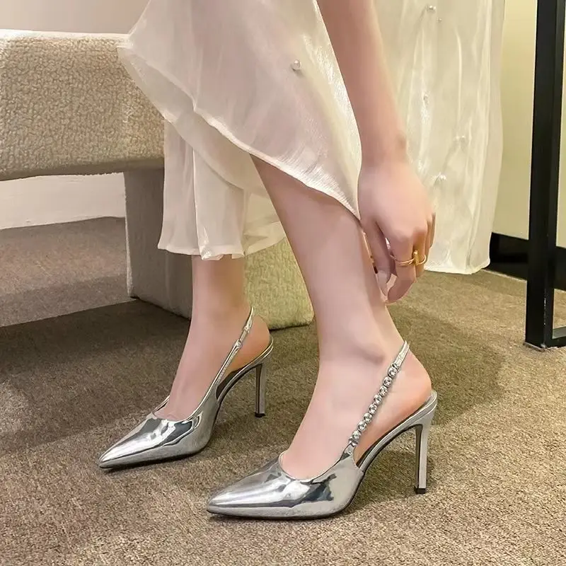 

Women's Silver Patent Leather Pointed Toe Slim High Heel Sandals French Style Open Back Elegant Chic Summer Fashion