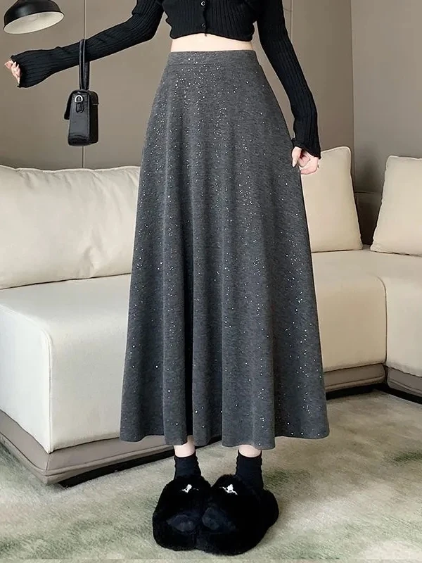 Shiny A-Line  Skirt High Waist Flared Skirts Women's Early Autumn New Style Drapey Meat Covering Long Skirts