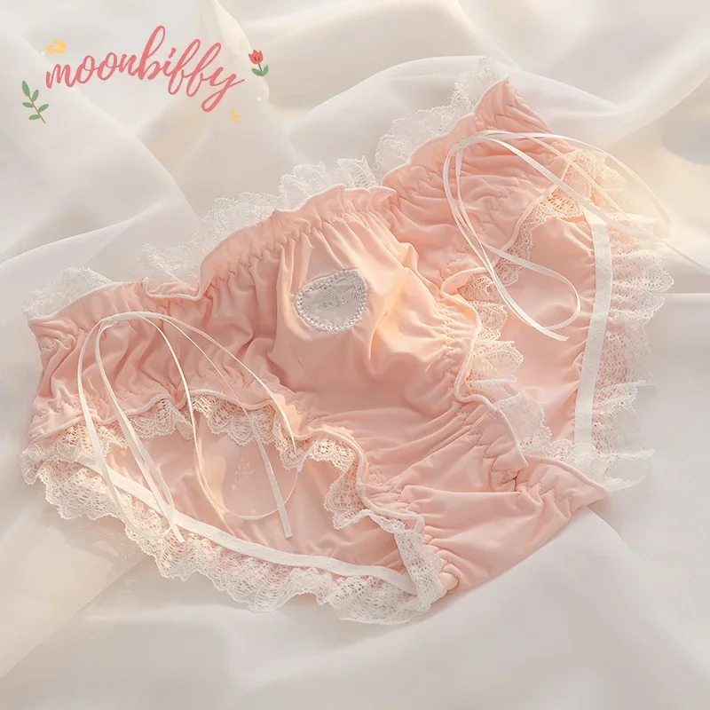 Cute Lolita Love Lace Girl Underwear Summer Thin Ice Silk Wrap Buttock Section Sexy Cool Cotton Sexy Breathable Women Briefs