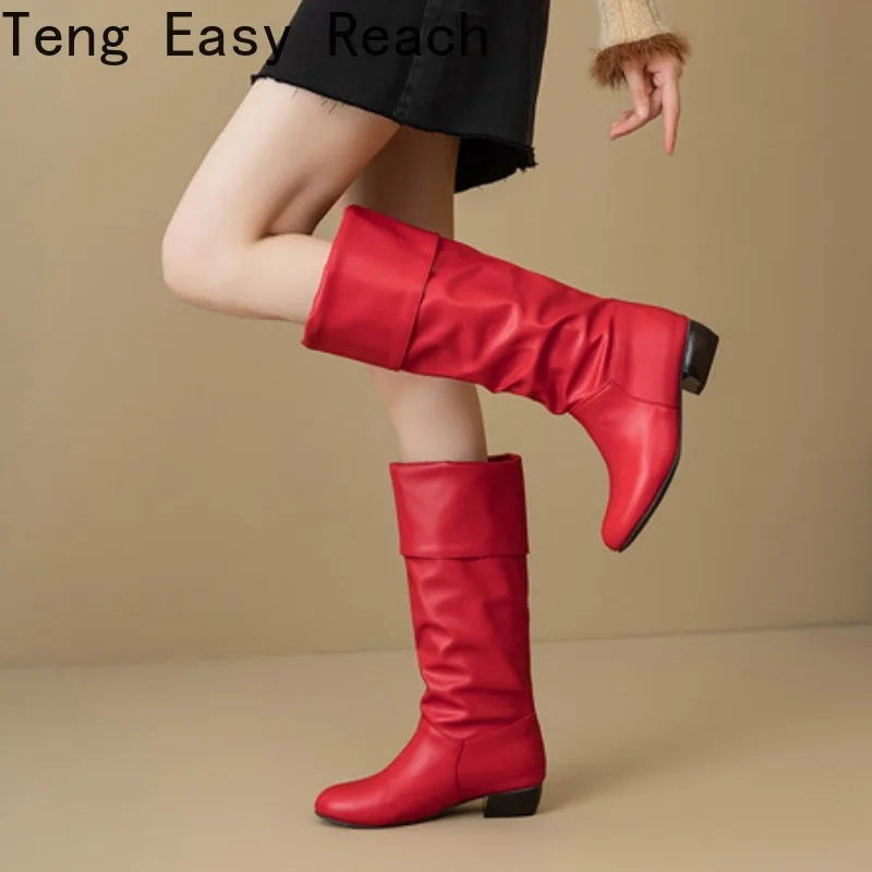 أحذية شتاء 2025 بطول الركبة للنساء، أحذية طويلة عصرية باللونين الأسود والأحمر والأبيض بكعب مكتنز للنساء Mujer 34-47
