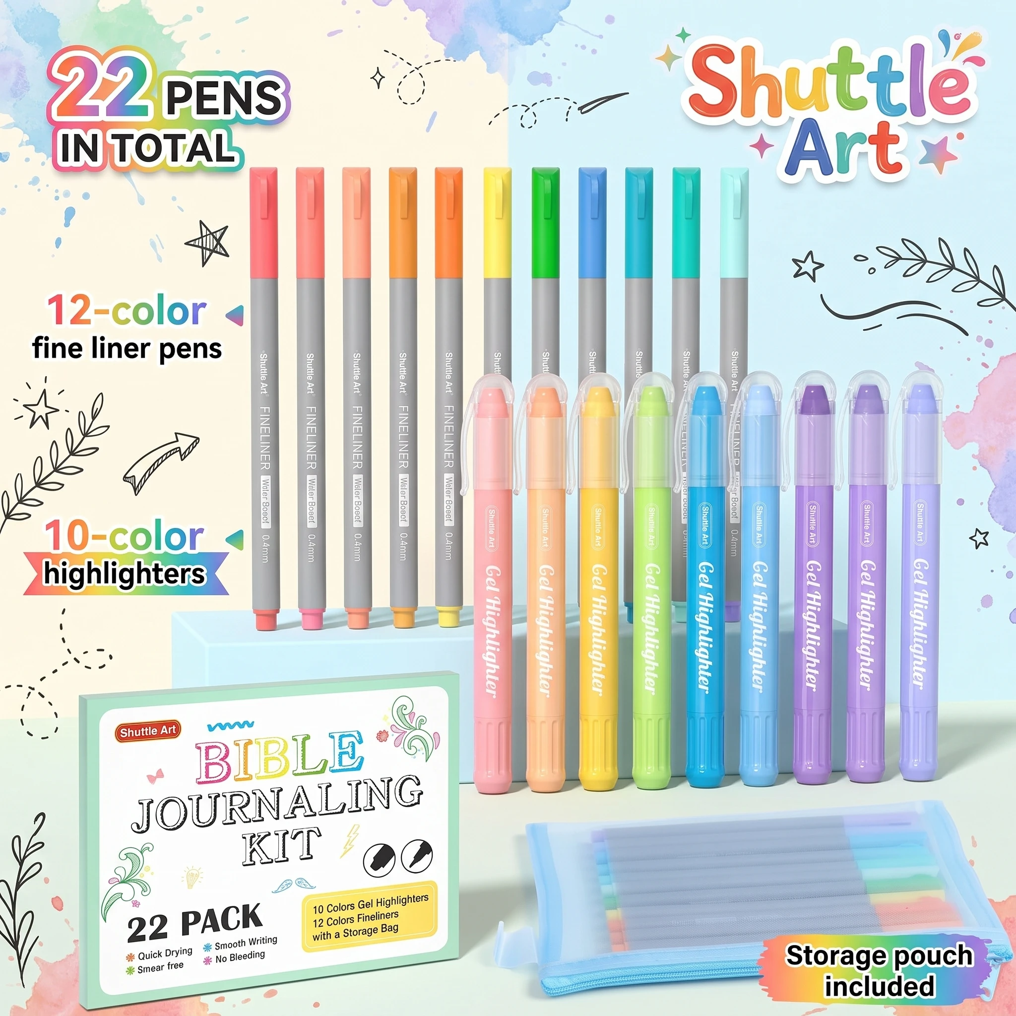 Shuttle Art Bible Highlighters and Pens No Bleed, 22 Pack Bible Journaling Kit, 10 Colors Gel Highlighters and 12 Colors Fineliner Pens with a Storage Bag, Bible Markers No Bleed Through