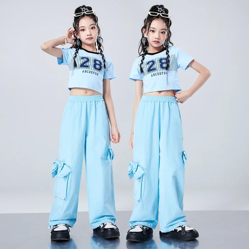 

Детская одежда в стиле хип-хоп, синий укороченный топ, футболка на бретелях, уличная одежда для бега, брюки, уличная одежда для девочек, костюм для джазовых танцев, одежда
