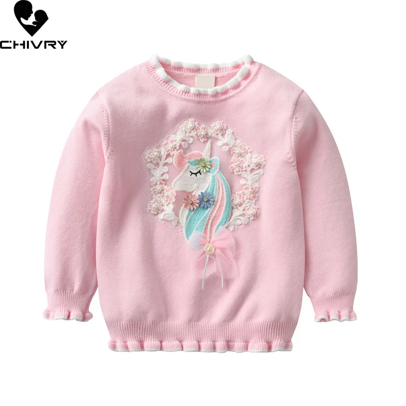 

New 2023 Autumn Winter Baby Girls Round Neck Pullover Sweater Kids Cartoon Unicorn Lace Applique Knitted Jumper Sweaters Tops