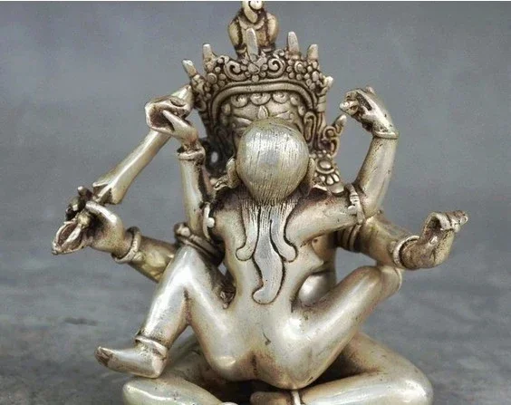 Old China Tibetan Buddhism Silver Vajra Mandkesvara Yab-Yum Buddha Statue