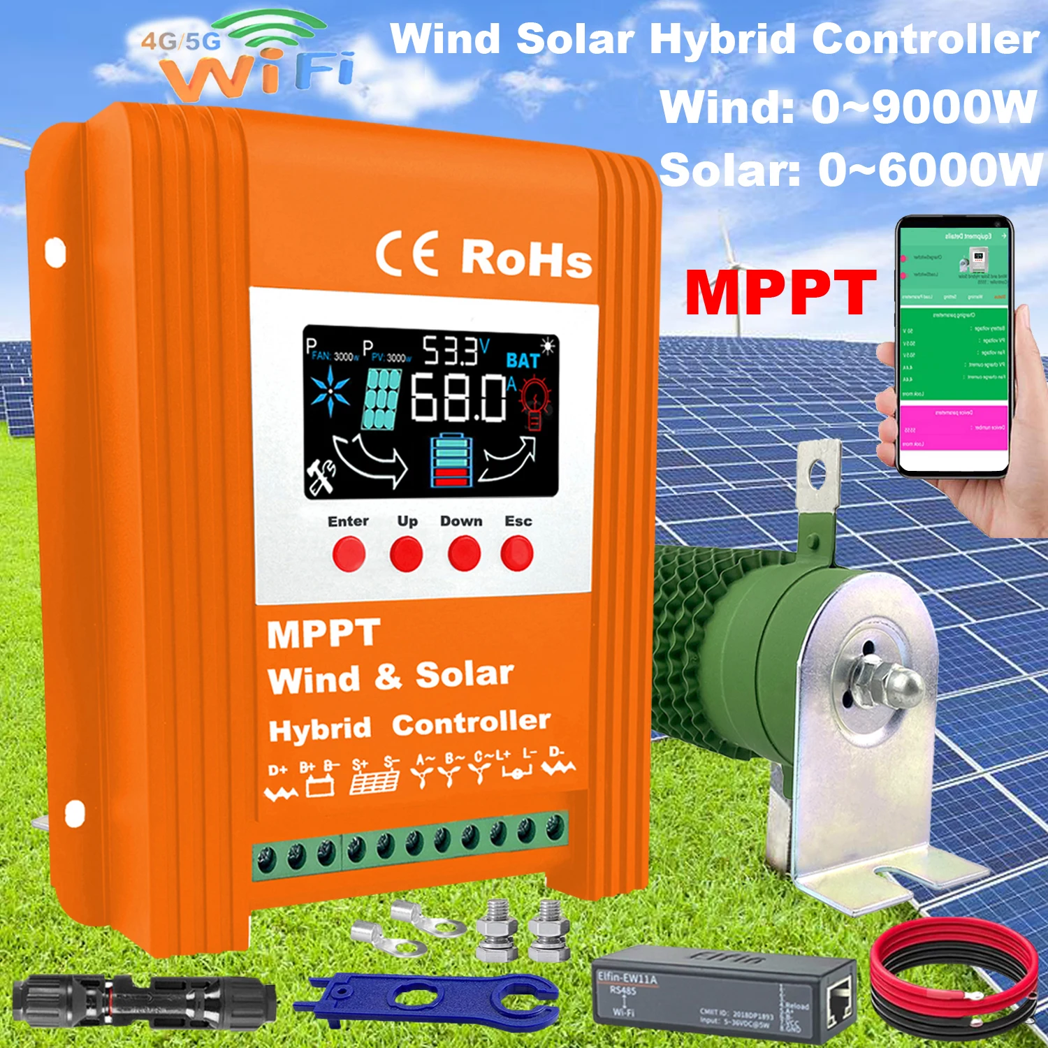 

4000W 3000w 12V 24V 48V MPPT Upgraded Hybrid Solar Controller Wind Turbine With Built WiFi For Lifepo4 Full Battery LED Display