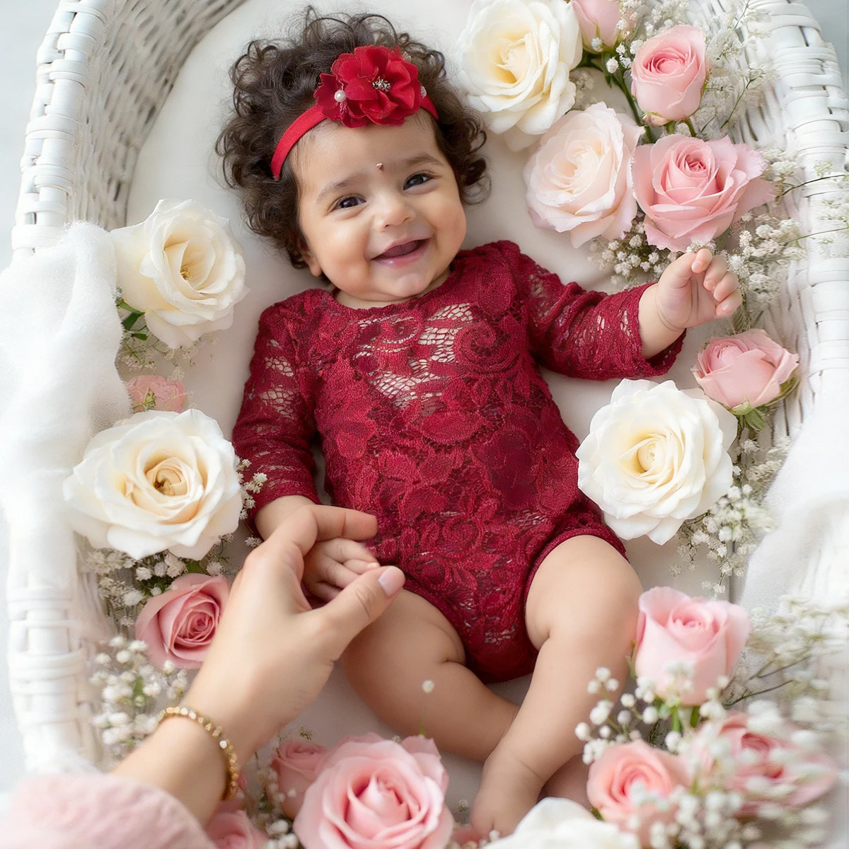 Conjunto de 2 Piezas para Sesión de Fotos de Recién Nacida, Color Vino Tinto, Mameluco de Encaje con Diadema de Flores, Disfraz para Sesión de Fotos de Bebé