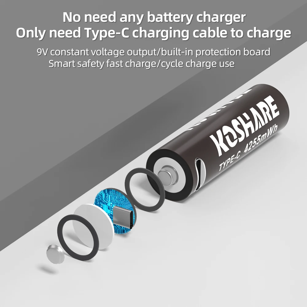 KOSHARE 1.5V AAA/AA 4255mWh1000mWh Rechargeable Battery USB Type-C Rechargeable Li-ion Battery For remote control +Type-C Cable