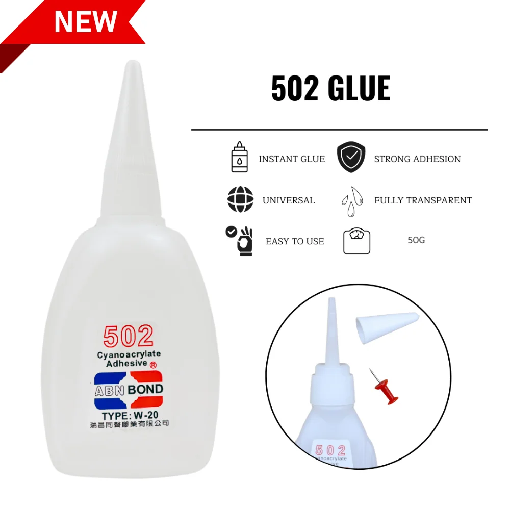 50g 502 Super Glue Quick-drying Cyanoacrylate Instant Leather Rubber Wood Metal Strong Bond Liquid Adhesive Tool