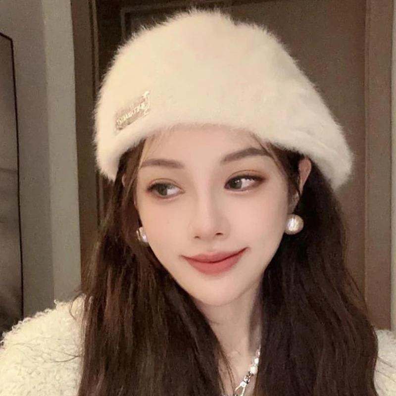 Winter Sweet Berets Women Solid Color Rabbit Fur Forward Hat Warm Versatile Reverse-Wearing Beret Cap Korean Elegant Painter Cap