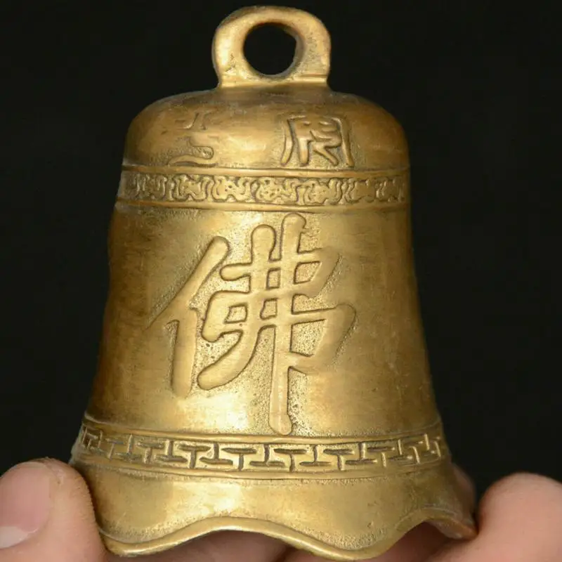 

Chinese Buddhism Temple Copper Brass Buddha Writing Small Bell Clang Gong Statue