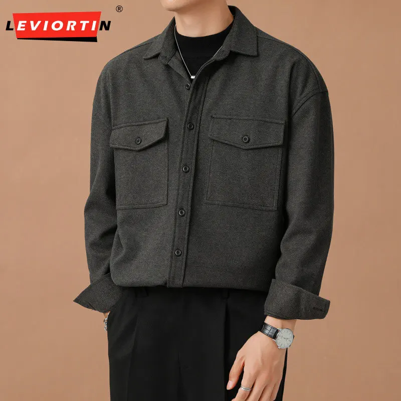 Autumn and winter youth popular thick shirt men's workwear long sleeved fashionable trendy brand loose casual shirt jacket