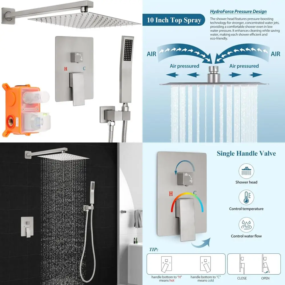 

Modern 10-inch Rainfall Shower System with Square Head and Handheld, Brushed Nickel Wall Mounted Bathroom Shower Faucet