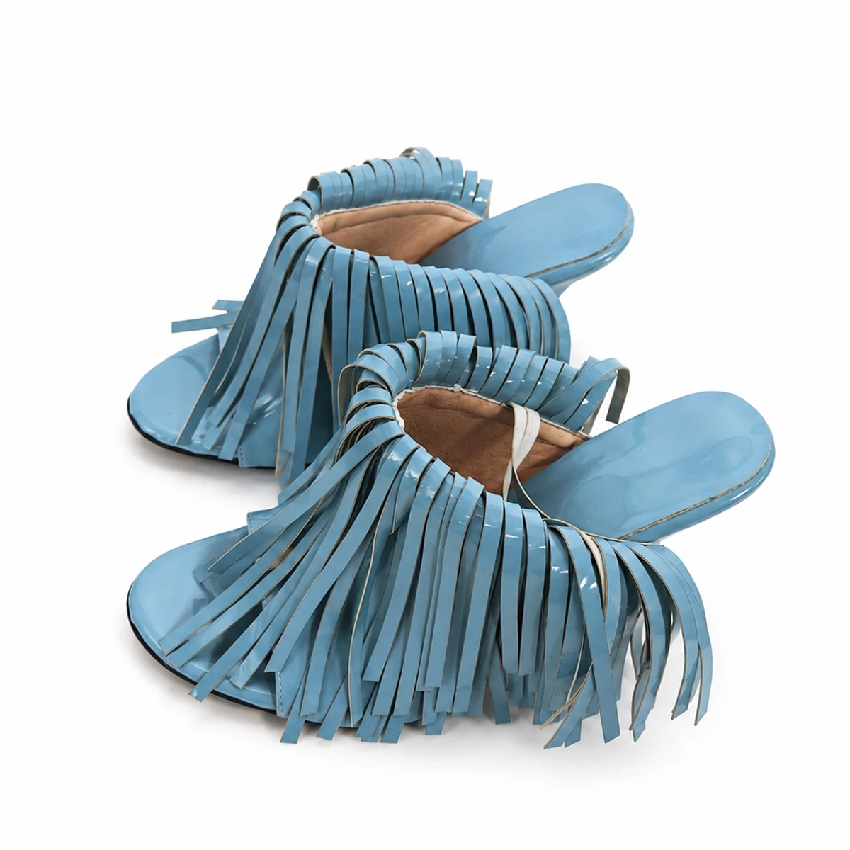 Mules de tacón alto con flecos azul claro y punta abierta para mujer